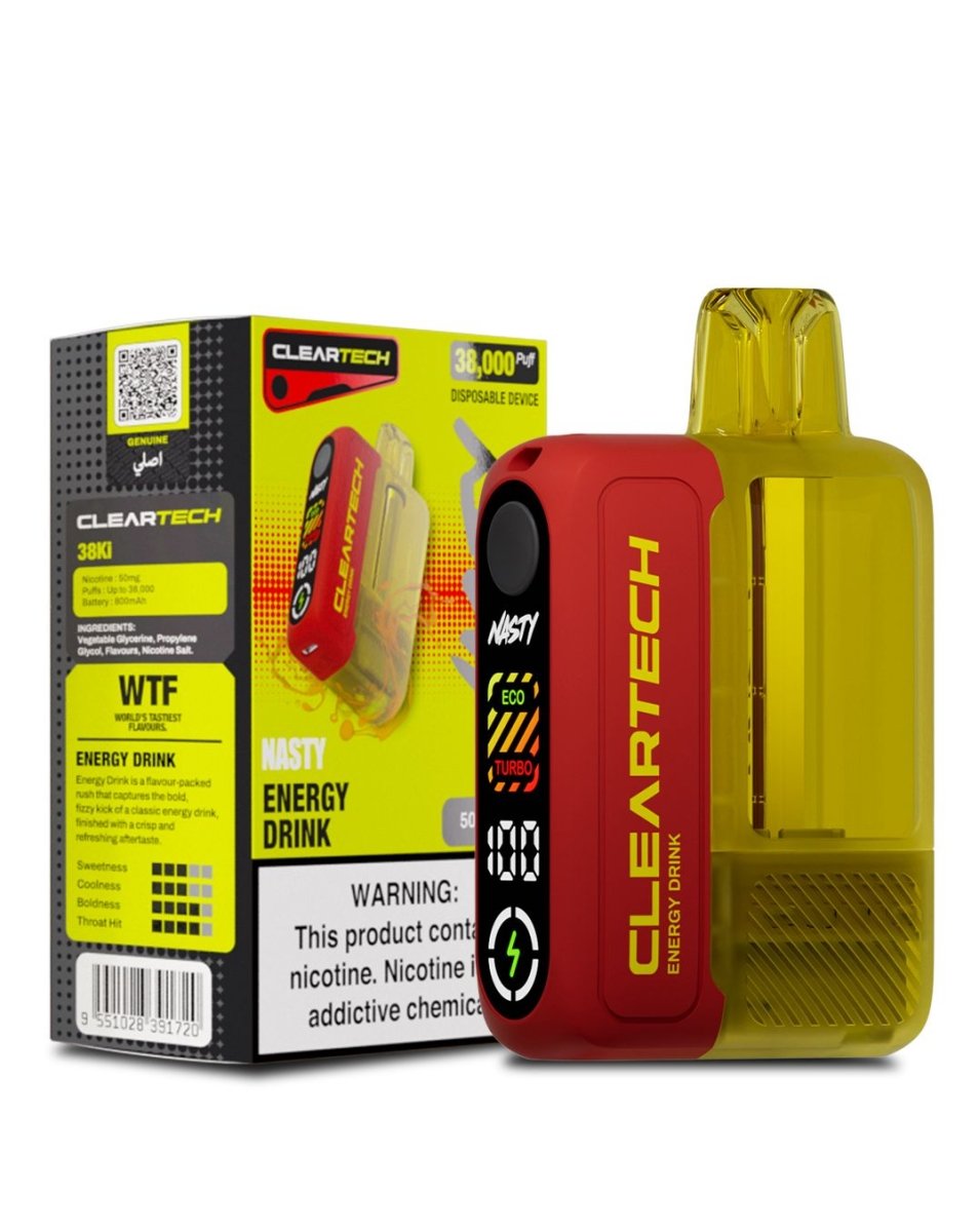 Cleartech energy drink package with red and yellow design on a white background