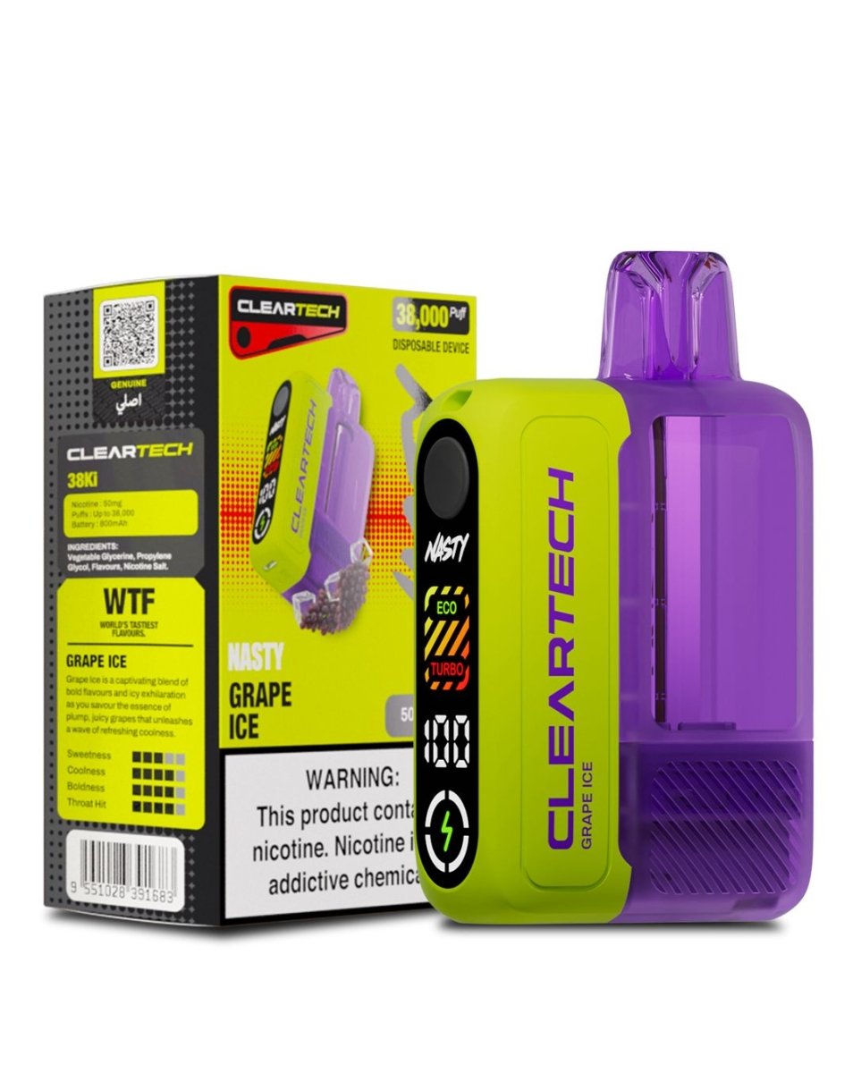Purple and green vape device with 'Cleartech' branding on a white background