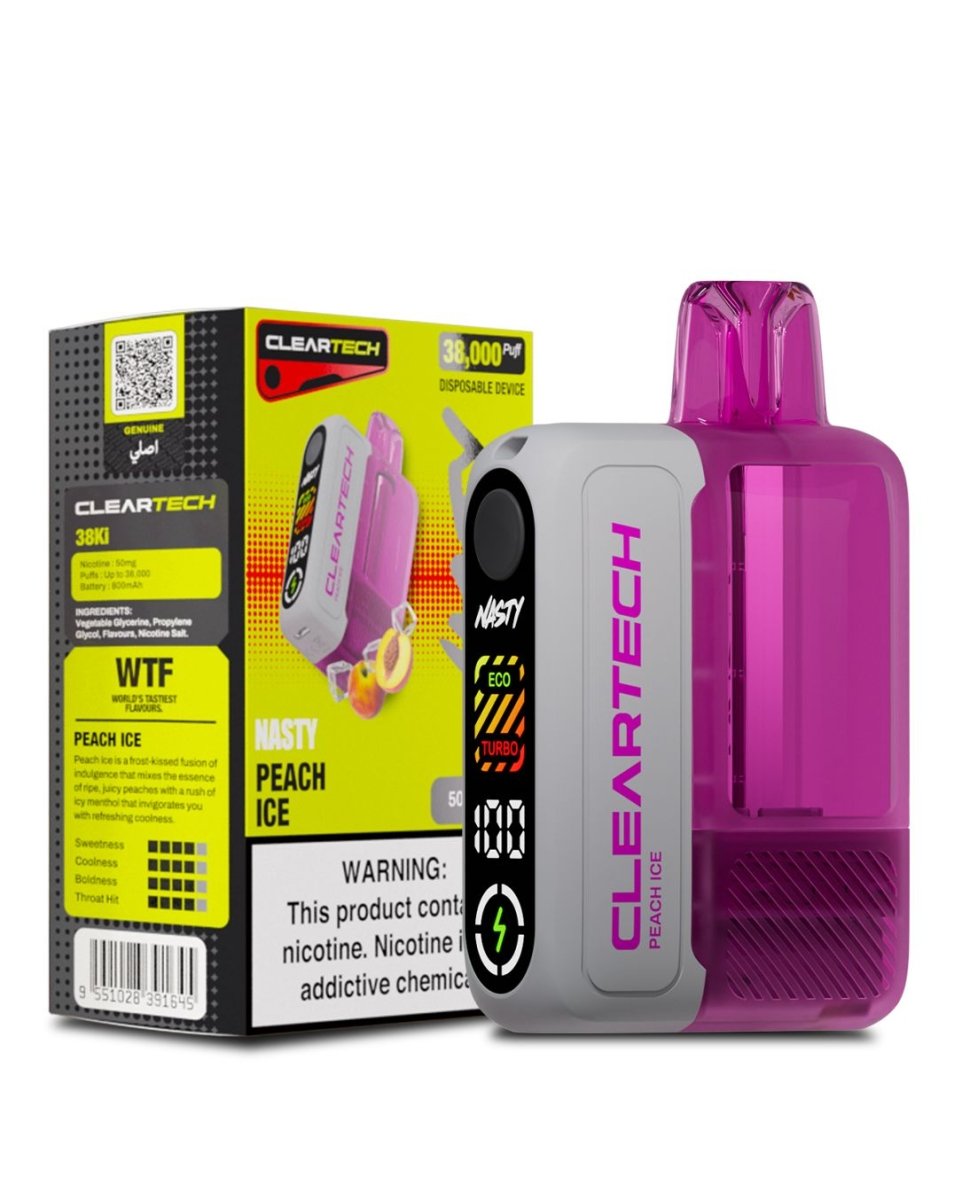 Cleartech vape device with pink mouthpiece and packaging on a white background