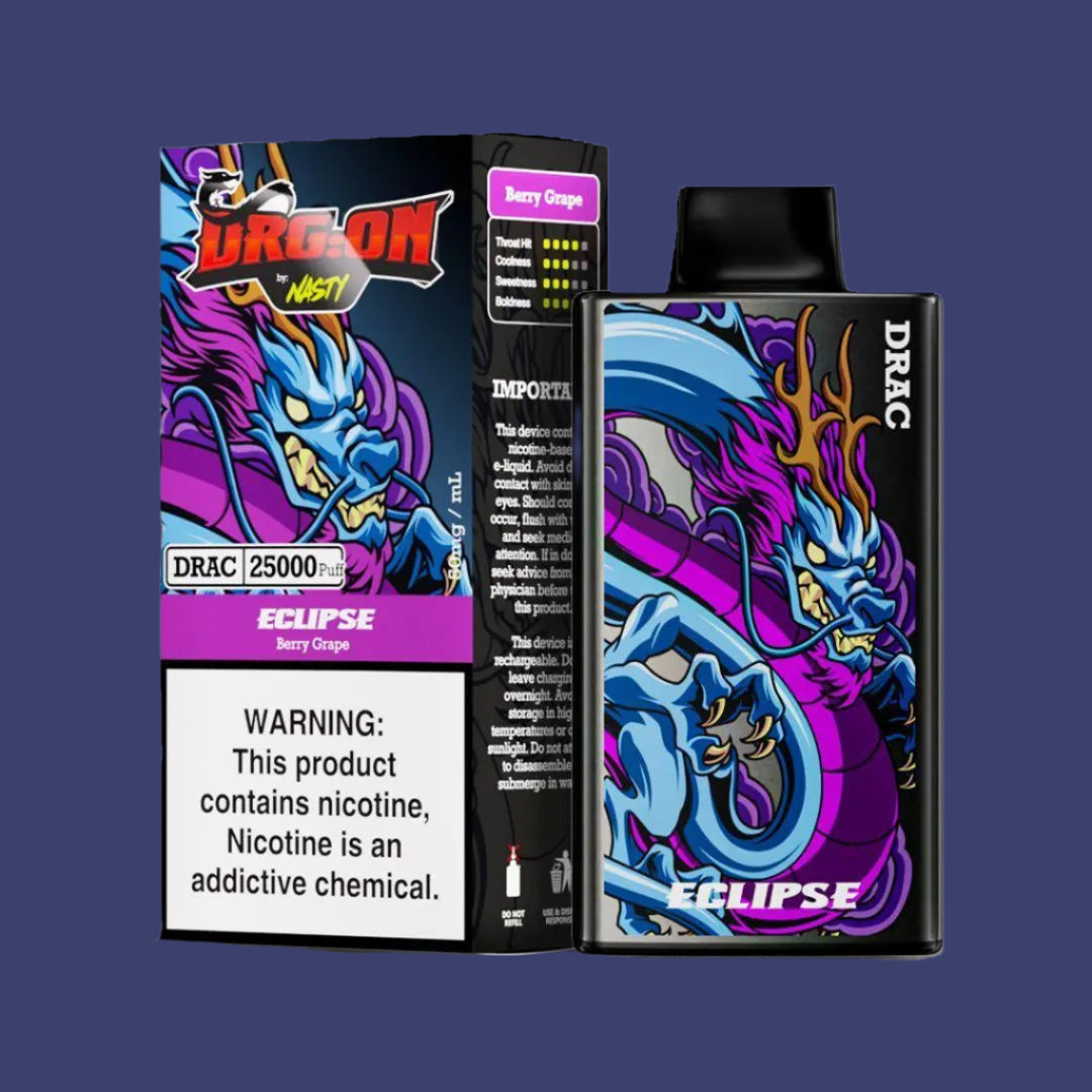 Eclipse Berry Grape DRAC 25000 Puff Disposable Vape combining rich grape and berry flavors, complemented by a striking purple dragon design