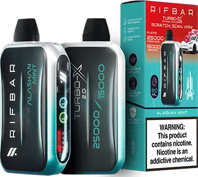 Alaskan Mint: A cool Rifbar Turbo-X 25K vape in teal, featuring the crisp Alaskan Mint flavor, with its packaging emphasizing the menthol freshness.