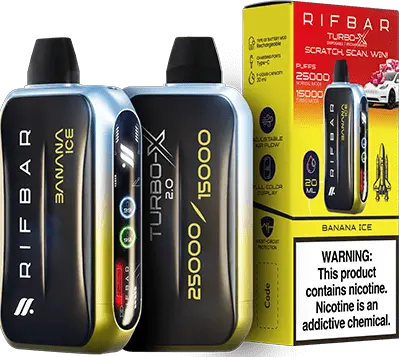 Banana Ice: A bold Rifbar Turbo-X 25K vape in black and yellow showcasing the sweet and icy Banana Ice flavor, paired with its eye-catching box.