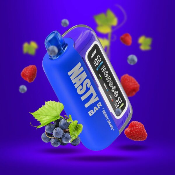 "Nasty Bar 20,000 Puffs disposable vape in Berry Grape flavor, featuring a vibrant blue design with grapes and berries floating against a purple backdrop."