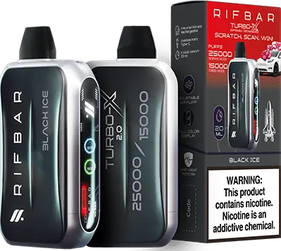 Black Ice: A bold Rifbar Turbo-X 25K vape in black, presenting the intense Black Ice flavor, paired with its box emphasizing a strong menthol taste and puff capacity.

