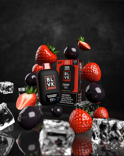 Blackcurrant Strawberry: This flavor combines blackcurrants and strawberries, with red and black hues dominating the image, accompanied by strawberries and blackcurrants floating alongside ice cubes.