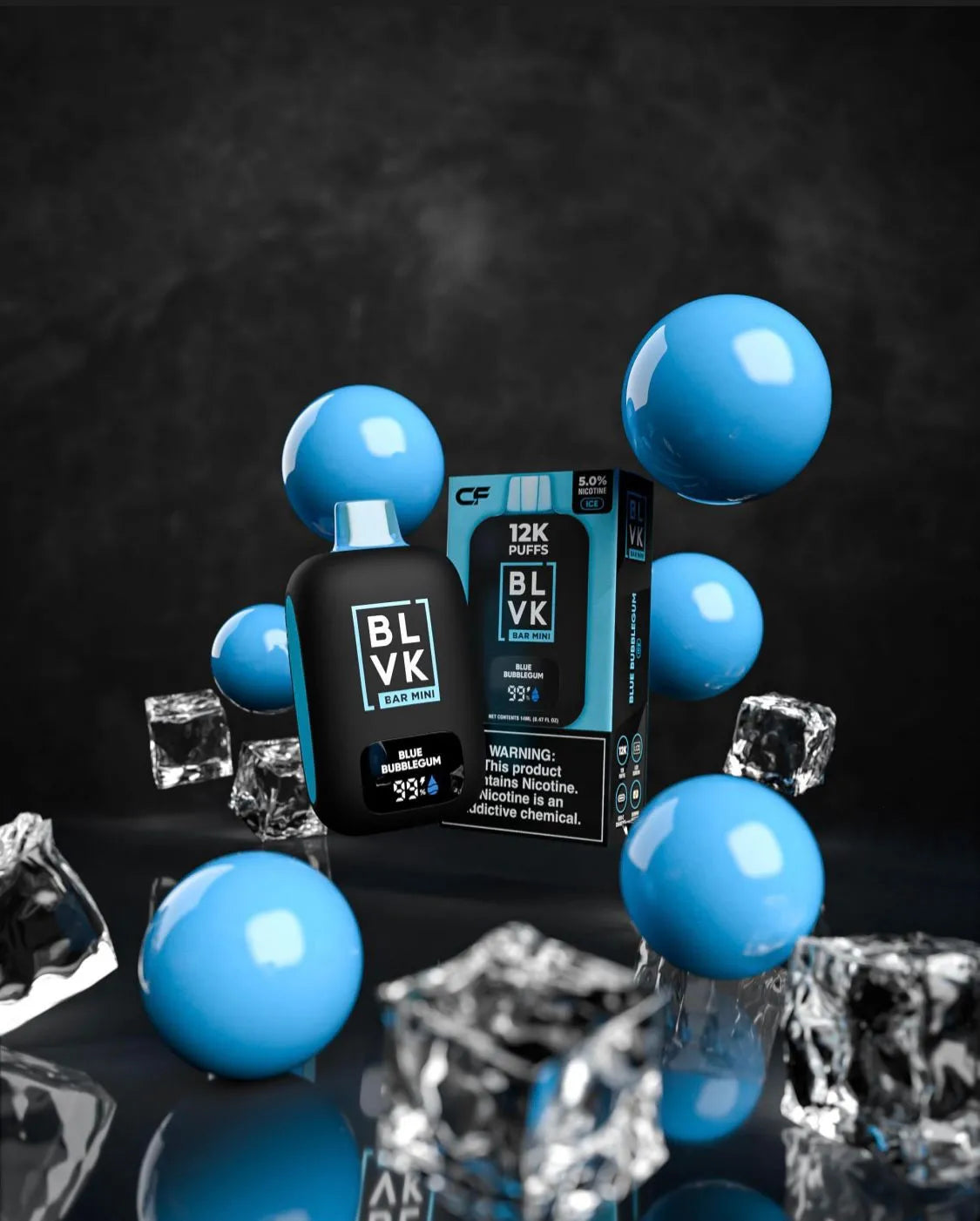 Blue Bubblegum: The black and blue packaging is surrounded by vibrant blue spheres and ice cubes, reflecting a cool, bubblegum vibe.