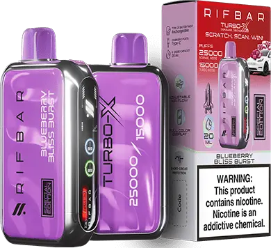 Blueberry Bliss Burst: A sleek Rifbar Turbo-X 25K vape in purple, showcasing the sweet and fruity Blueberry Bliss Burst flavor, paired with its matching packaging.