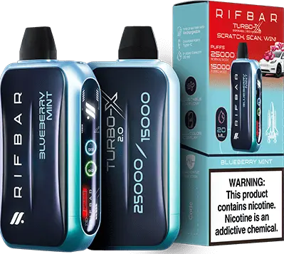 Blueberry Mint: A refreshing Rifbar Turbo-X 25K vape in blue, presenting the cool and fruity Blueberry Mint flavor, displayed alongside its elegant box design.