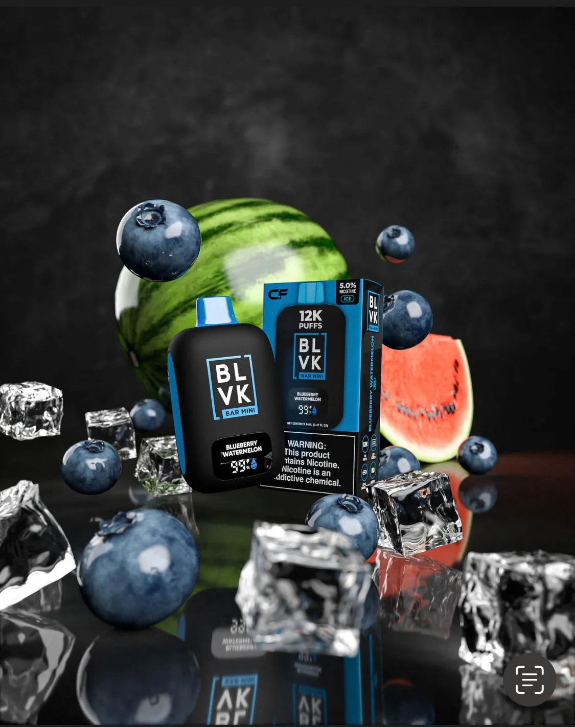 Blueberry Watermelon: The blue and green design highlights blueberries and watermelon slices, evoking a fresh and juicy flavor profile, with ice cubes scattered around.