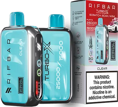 Clear: A modern Rifbar Turbo-X 25K vape in aqua blue, showcasing the pure and refreshing Clear flavor, paired with its sleek packaging.