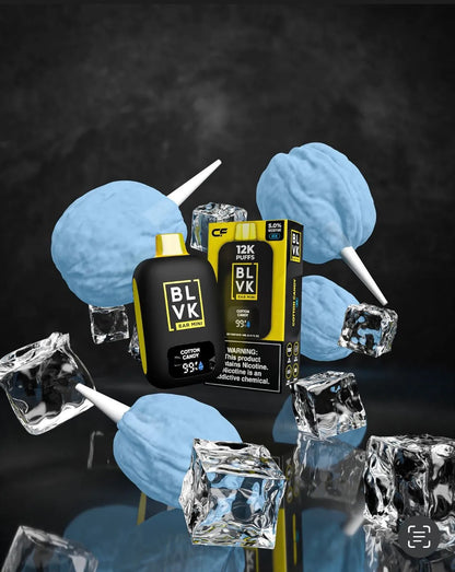 Cotton Candy: The yellow and black packaging is complemented by fluffy blue cotton candy pops and ice cubes, creating a sweet, nostalgic visual.