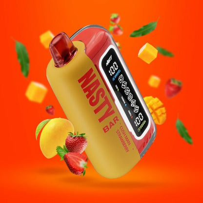 "Nasty Bar 20,000 Puffs disposable vape in Cushman Strawberry flavor, with a red and yellow design surrounded by strawberries and mango cubes against a red background."