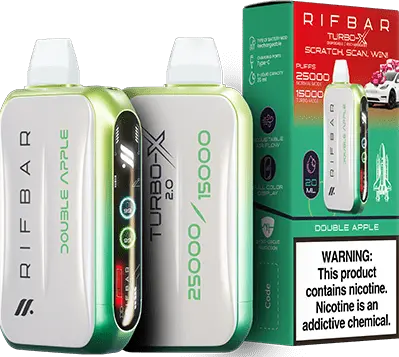 Double Apple: A clean and minimalist Rifbar Turbo-X 25K vape in white and green featuring the Double Apple flavor, alongside its box displaying flavor details and puff counts.

