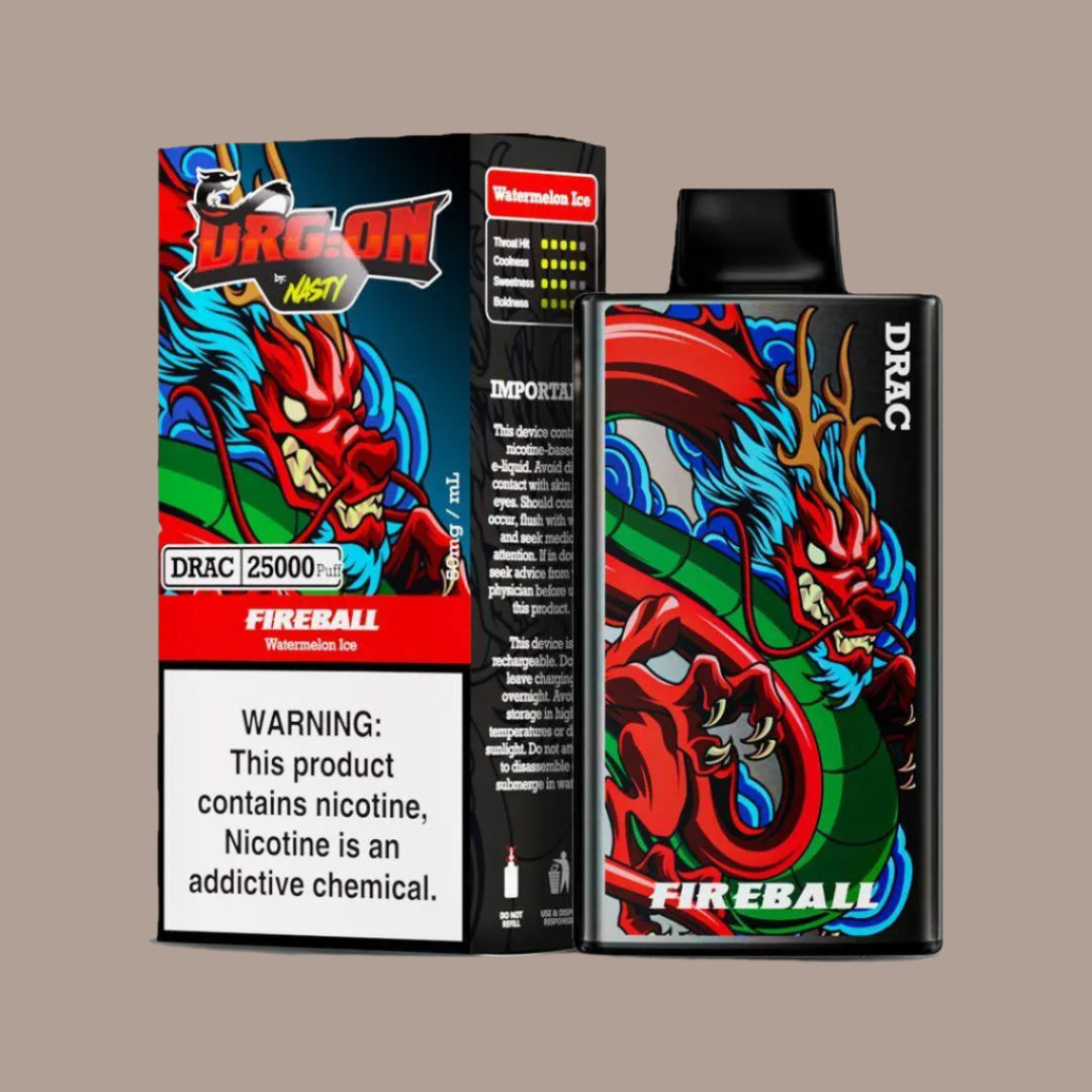 Fireball Watermelon Ice DRAC 25000 Puff Disposable Vape, offering juicy watermelon with a fiery red dragon design