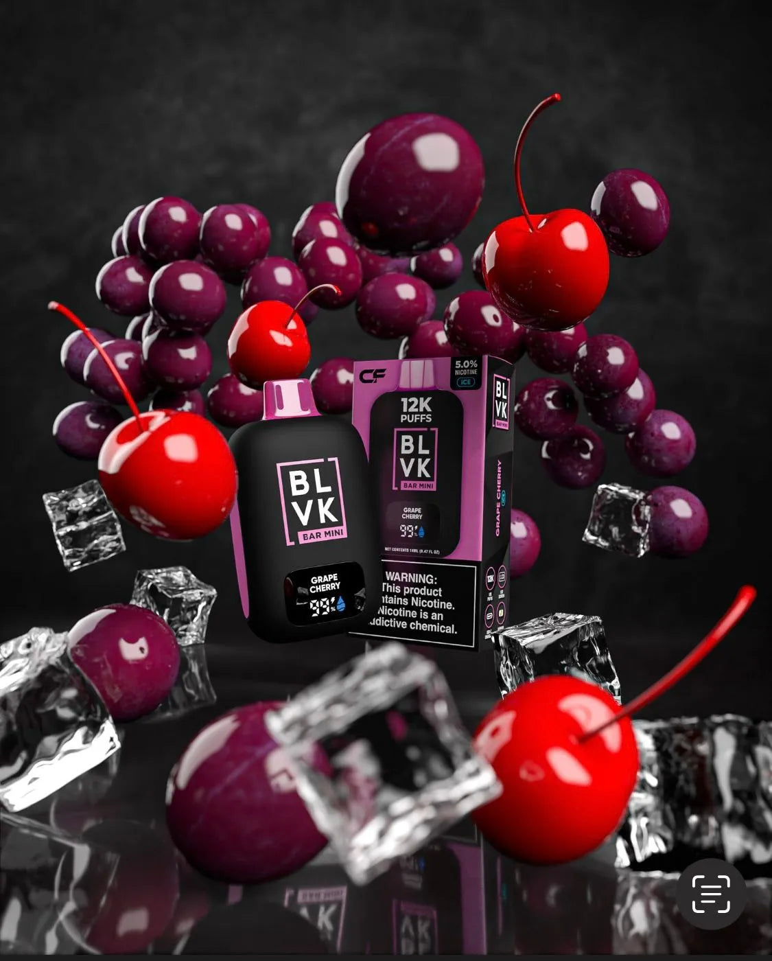 Grape Cherry BLVK Bar Mini 12K Puffs: "BLVK Bar Mini 12K Puffs disposable vape in Grape Cherry flavor surrounded by floating cherries, grapes, and ice cubes against a dark background."