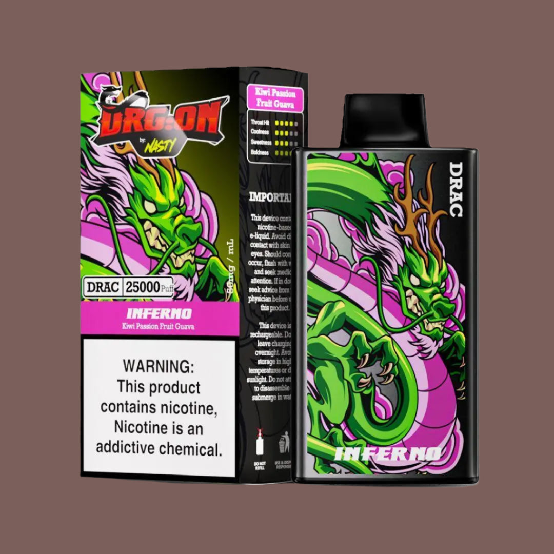 Inferno Kiwi Passion Fruit Guava DRAC 25000 Puff Disposable Vape offering a tropical blend of exotic fruits with vibrant green and pink dragon visuals