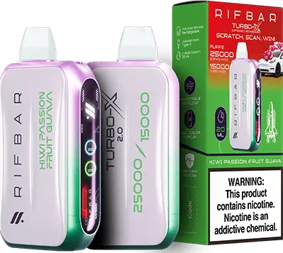 Kiwi Passion Fruit Guava: A Rifbar Turbo-X 25K vape in white and green with purple accents, highlighting the exotic Kiwi Passion Fruit Guava flavor, shown with its premium packaging.