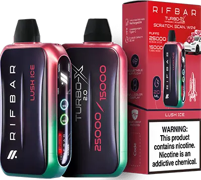 Lush Ice: A stylish Rifbar Turbo-X 25K vape in a gradient of green and red, showcasing the refreshing Lush Ice flavor, with its matching packaging.