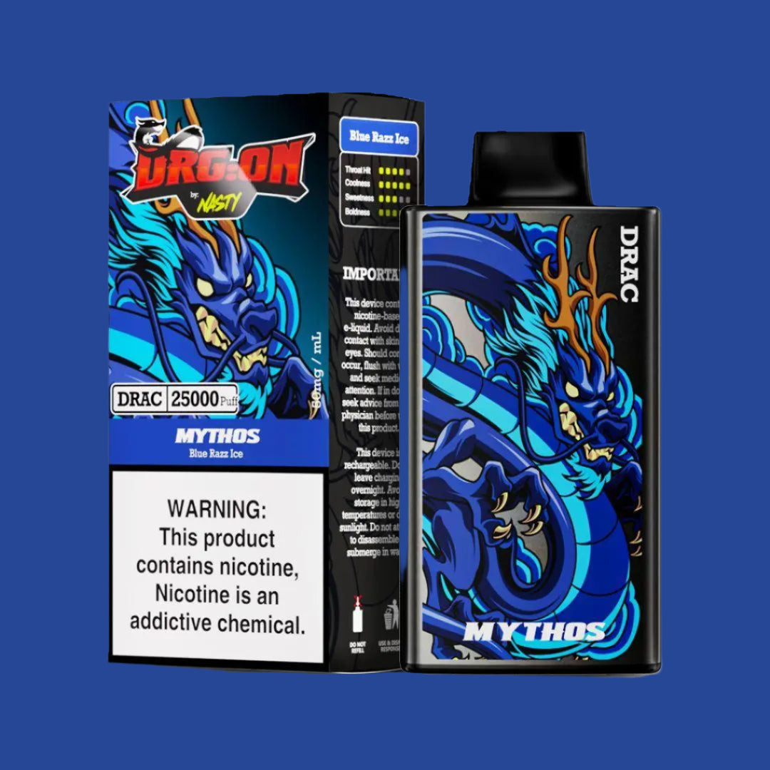 Mythos Blue Razz Ice DRAC 25000 Puff Disposable Vape, featuring bold blue raspberry flavors with a cooling icy twist and a stunning blue dragon design.