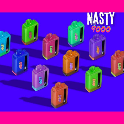 A selection of colorful Nasty 9000 disposable vape devices arranged in a grid on a vibrant blue background. Each vape comes in a unique color, including green, pink, blue, purple, and orange. The text 'NASTY 9000' appears in the top right corner."Nasty 9000 disposable vape"
"9000 puffs vape"
"Nasty vape flavors"
"High-puff disposable vape"
"Colorful Nasty Bar vape"
"Long-lasting disposable vape 9000"
"Nasty 9000 puffs South Africa"
"Portable disposable vape"
"Nasty Bar vape collection"
"Best Nasty Bar 9000 