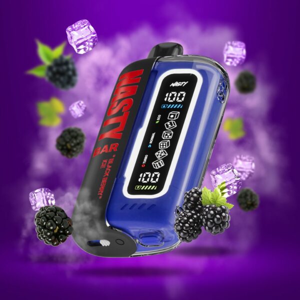 "Nasty Bar 20,000 Puffs disposable vape in Blackberry Ice flavor, with a sleek black and blue design surrounded by blackberries and ice cubes floating on a purple background."