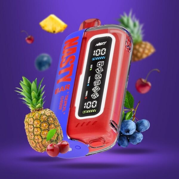 "Nasty Bar 20,000 Puffs disposable vape in Tropical Cherry flavor, featuring a red and blue design surrounded by tropical fruits like pineapples, cherries, and blueberries on a purple background."