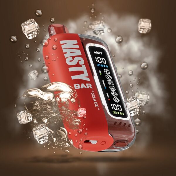 "Nasty Bar 20,000 Puffs disposable vape in Cola Ice flavor, with a red design surrounded by splashing cola and ice cubes on a brown background."