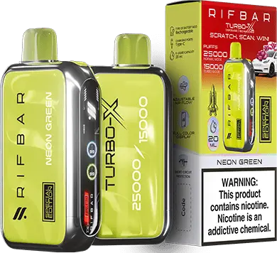 Neon Green: A bold Rifbar Turbo-X 25K vape in neon green, highlighting the tangy Neon Green flavor, with its matching energetic packaging.