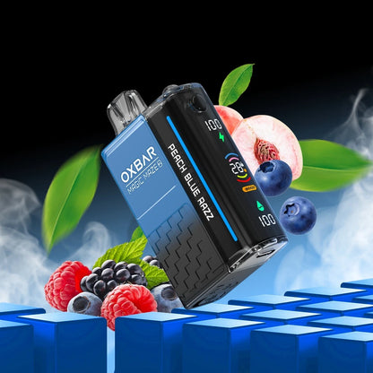  "OXBAR Magic Maze 2 in Peach Blue Razz flavor featuring ripe peach and blue raspberry for a sweet and tangy vaping experience."