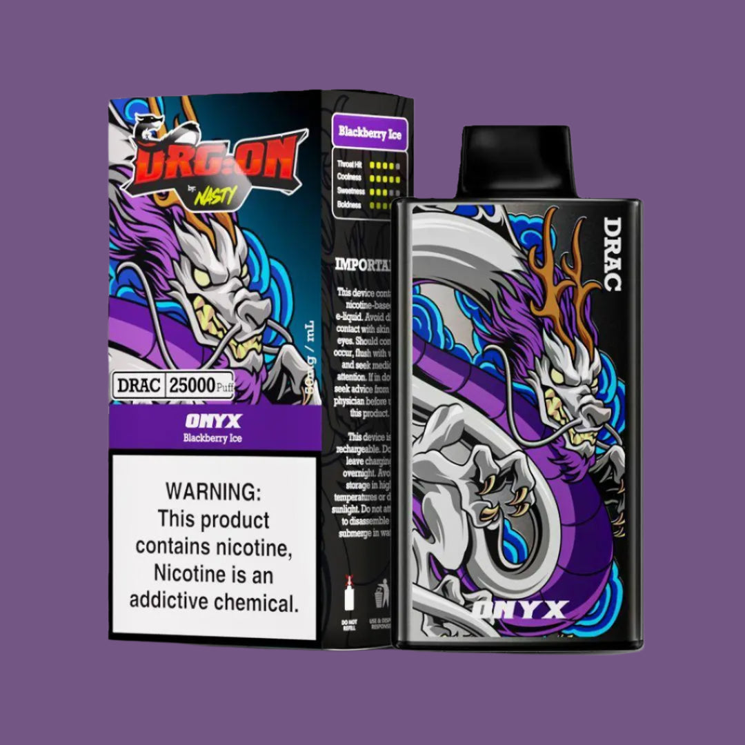 Onyx Blackberry Ice DRAC 25000 Puff Disposable Vape delivering a dark blackberry flavor with a frosty finish, accented by sleek purple and white dragon artwork