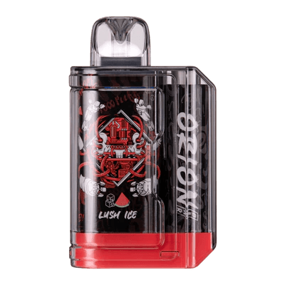 Orion Bar Lush Ice: "Orion Bar disposable vape in Lush Ice flavor with a red and black design, showcasing bold graphics on a transparent casing."