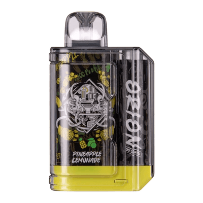 Orion Bar Pineapple Lemonade: "Orion Bar disposable vape in Pineapple Lemonade flavor with a yellow and black design, adorned with detailed graphics on a transparent casing.