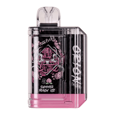 Orion Bar Summer Peach Ice: "Orion Bar disposable vape in Summer Peach Ice flavor with a pink and black design, featuring decorative artwork on a transparent casing."