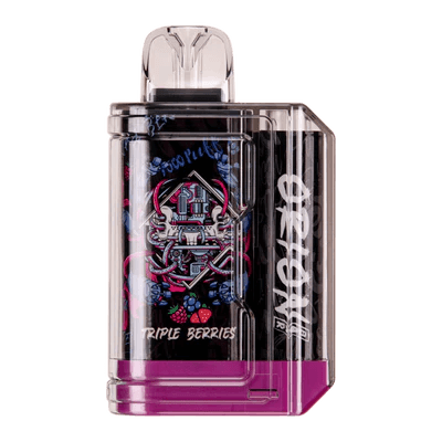 Orion Bar Triple Berries: "Orion Bar disposable vape in Triple Berries flavor with a purple and black design, showcasing artistic details on a transparent casing."