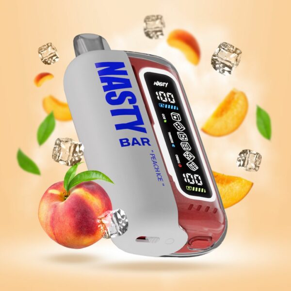 "Nasty Bar 20,000 Puffs disposable vape in Peach Ice flavor, with a sleek white and red design surrounded by juicy peaches and ice cubes against a light peach background."