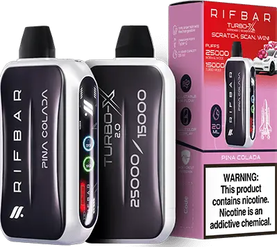 Pina Colada: A modern Rifbar Turbo-X 25K vape in black and white emphasizing the tropical Pina Colada flavor, paired with its elegant box.