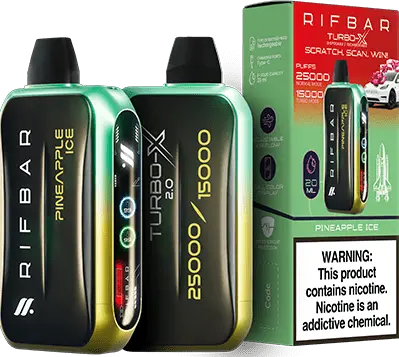 Pineapple Ice: A stylish Rifbar Turbo-X 25K vape in green and black presenting the tropical Pineapple Ice flavor, complemented by its attractive box design.