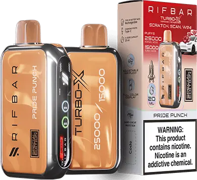 Pride Punch: A stylish Rifbar Turbo-X 25K vape in orange, presenting the tropical and fruity Pride Punch flavor, complemented by its bright packaging.