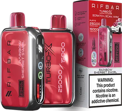 Rainbow Sherbet Swirl: A vibrant Rifbar Turbo-X 25K vape in bright red, featuring the tangy and sweet Rainbow Sherbet Swirl flavor, displayed alongside its bold packaging.