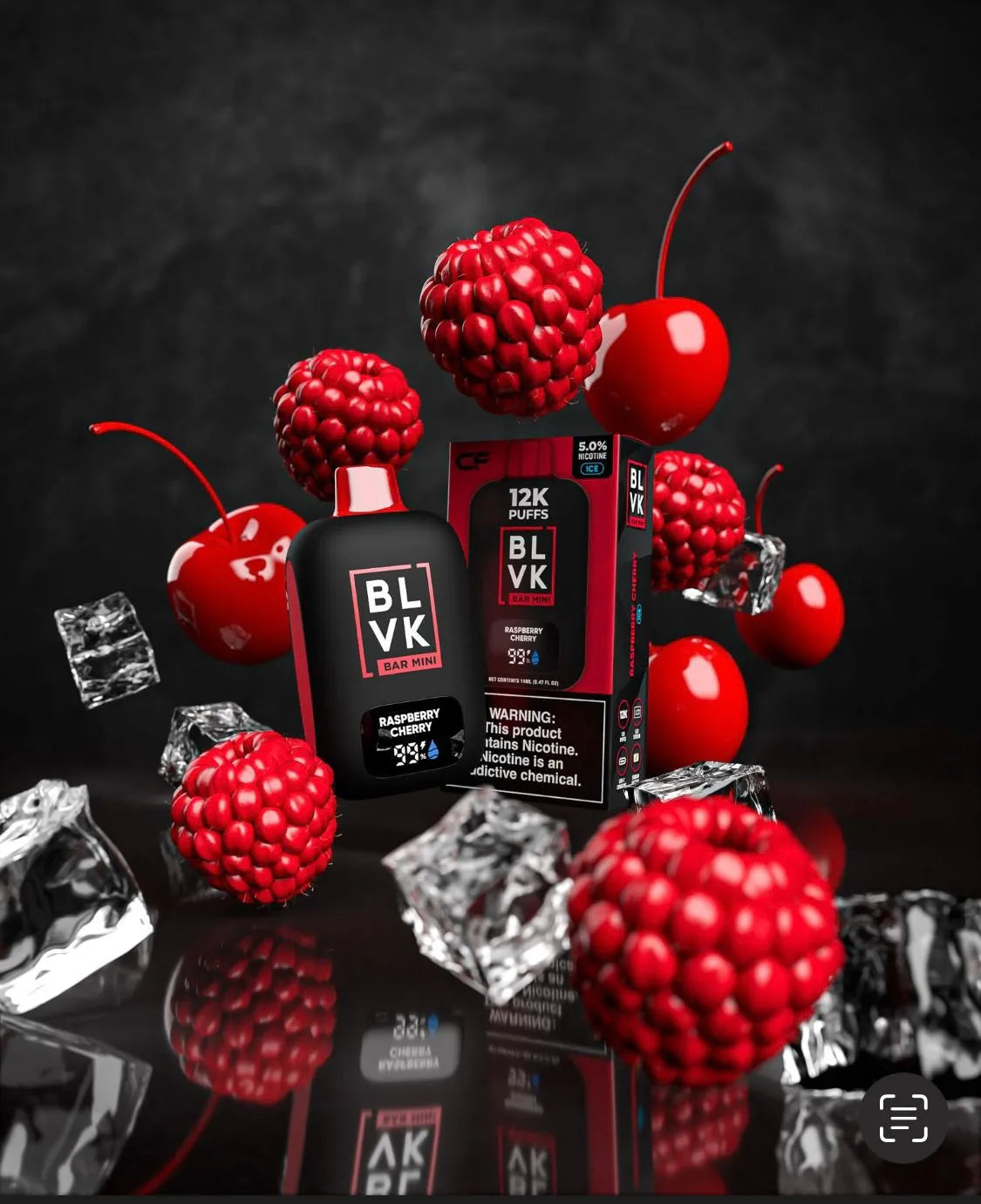 Raspberry Cherry BLVK Bar Mini 12K Puffs: "BLVK Bar Mini 12K Puffs disposable vape in Raspberry Cherry flavor with vibrant raspberries, cherries, and ice cubes floating around on a dark background."