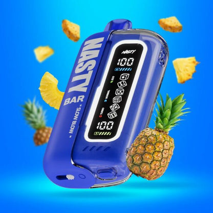 "Nasty Bar 20,000 Puffs disposable vape in Slow Blow flavor, featuring a blue design with pineapples and floating ice cubes against a bright blue backdrop."