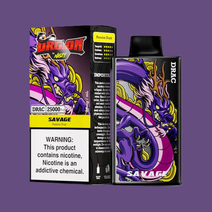 Savage Passion Fruit DRAC 25000 Puff Disposable Vape, featuring bold flavors and striking dragon-themed design