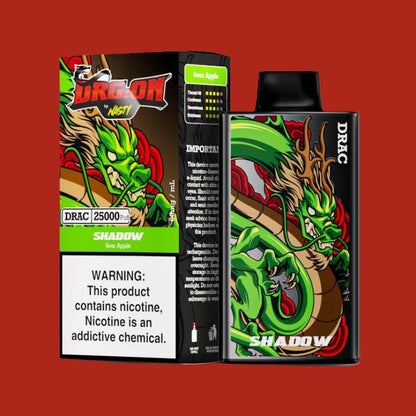 Shadow Sour Apple DRAC 25000 Puff Disposable Vape, blending sour apple flavor with a bold green dragon design