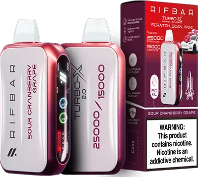 Sour Cranberry Grape: A sleek Rifbar Turbo-X 25K vape in vibrant pink featuring the tangy Sour Cranberry Grape flavor, displayed alongside its matching packaging.