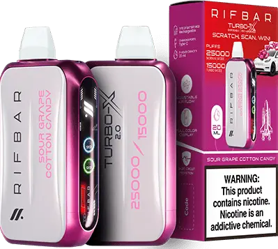 Sour Grape Cotton Candy: A vibrant pink Rifbar Turbo-X 25K vape highlighting the unique Sour Grape Cotton Candy flavor, alongside its colorful packaging.