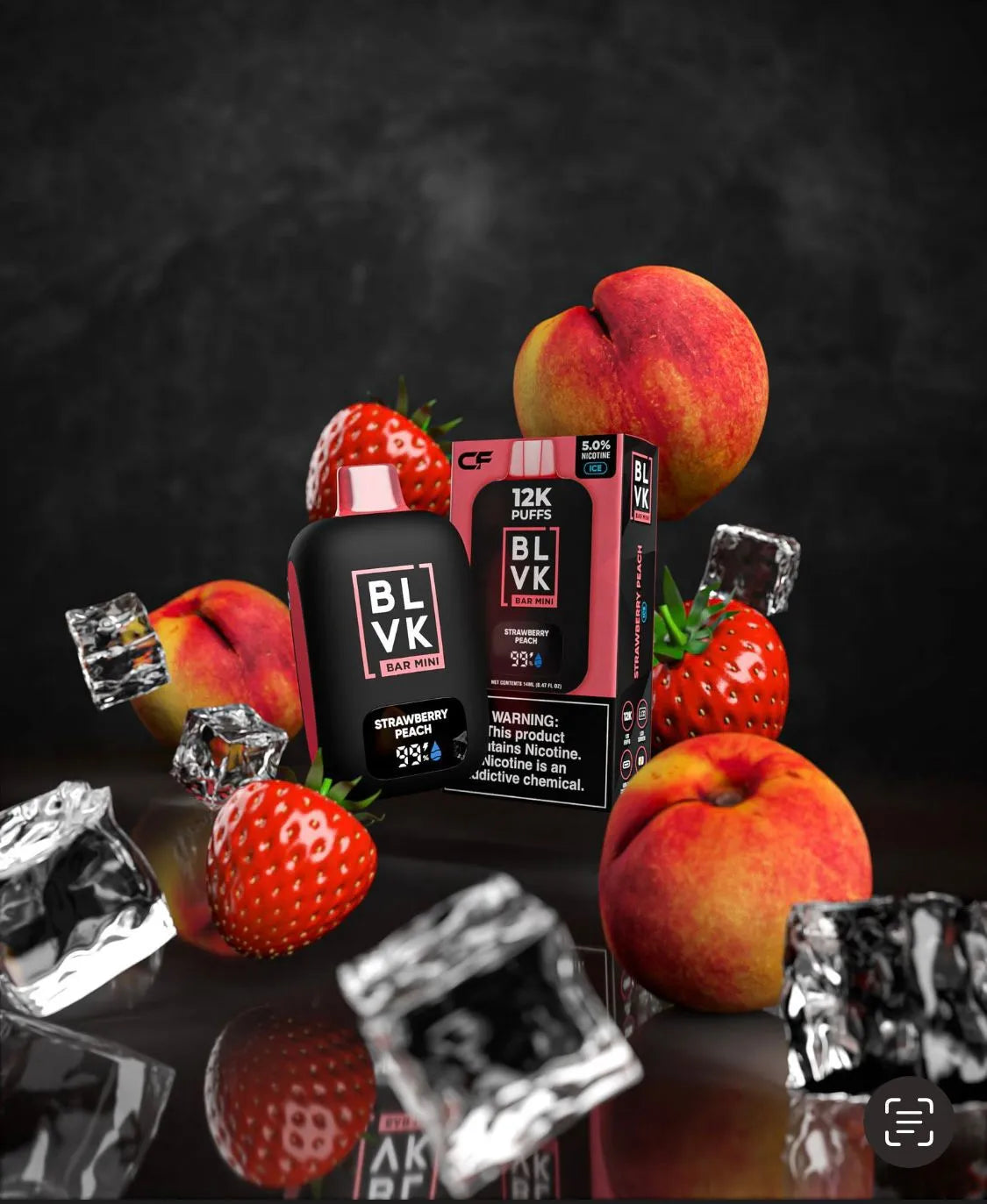 Strawberry Peach BLVK Bar Mini 12K Puffs: "BLVK Bar Mini 12K Puffs disposable vape in Strawberry Peach flavor with ripe strawberries, peaches, and ice cubes floating in a dark backdrop."