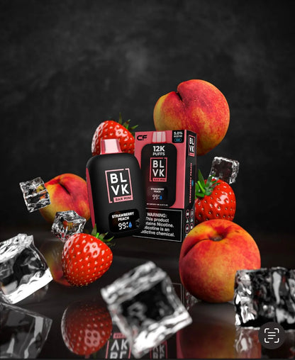 Strawberry Peach BLVK Bar Mini 12K Puffs: "BLVK Bar Mini 12K Puffs disposable vape in Strawberry Peach flavor with ripe strawberries, peaches, and ice cubes floating in a dark backdrop."