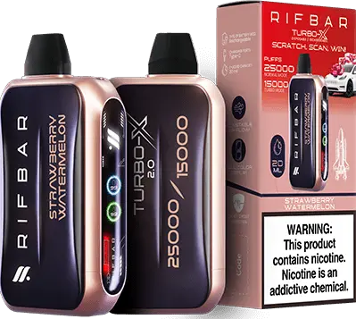 Strawberry Watermelon: A sleek Rifbar Turbo-X 25K vape in rose gold featuring the flavor Strawberry Watermelon, paired with its packaging showing 25,000/15,000 puffs.