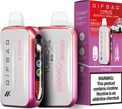 Strazz: A vibrant Rifbar Turbo-X 25K vape in pink and white featuring the unique Strazz flavor, displayed with its matching packaging.