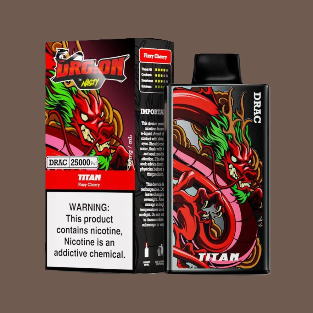 Titan Fizzy Cherry DRAC 25000 Puff Disposable Vape, combining fizzy cherry flavor with vibrant red dragon artwork